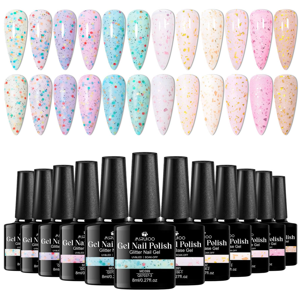 MSRUIOO Yogurt Gel Nail Polish + Rubber Builder Gel – 12 Color Glitter Rubber Base Set
