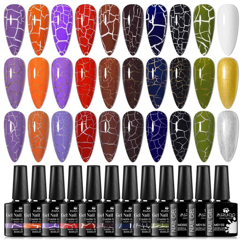 MSRUIOO Crackle Gel Nail Polish Set – 9 Crackle Colors + White, Gold & Silver | Air Dry, UV Lamp Needed