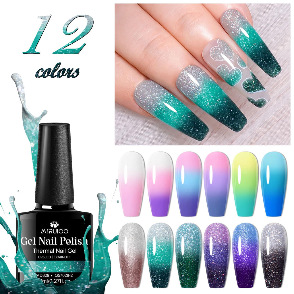 MSRUIOO Color Changing Gel Nail Polish Set – 12 Mood Colors, Glitter UV/LED, Soak Off 8ml