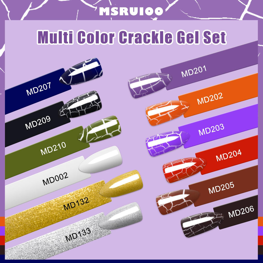 MSRUIOO Crackle Gel Nail Polish Set – 9 Crackle Colors + White, Gold & Silver | Air Dry, UV Lamp Needed