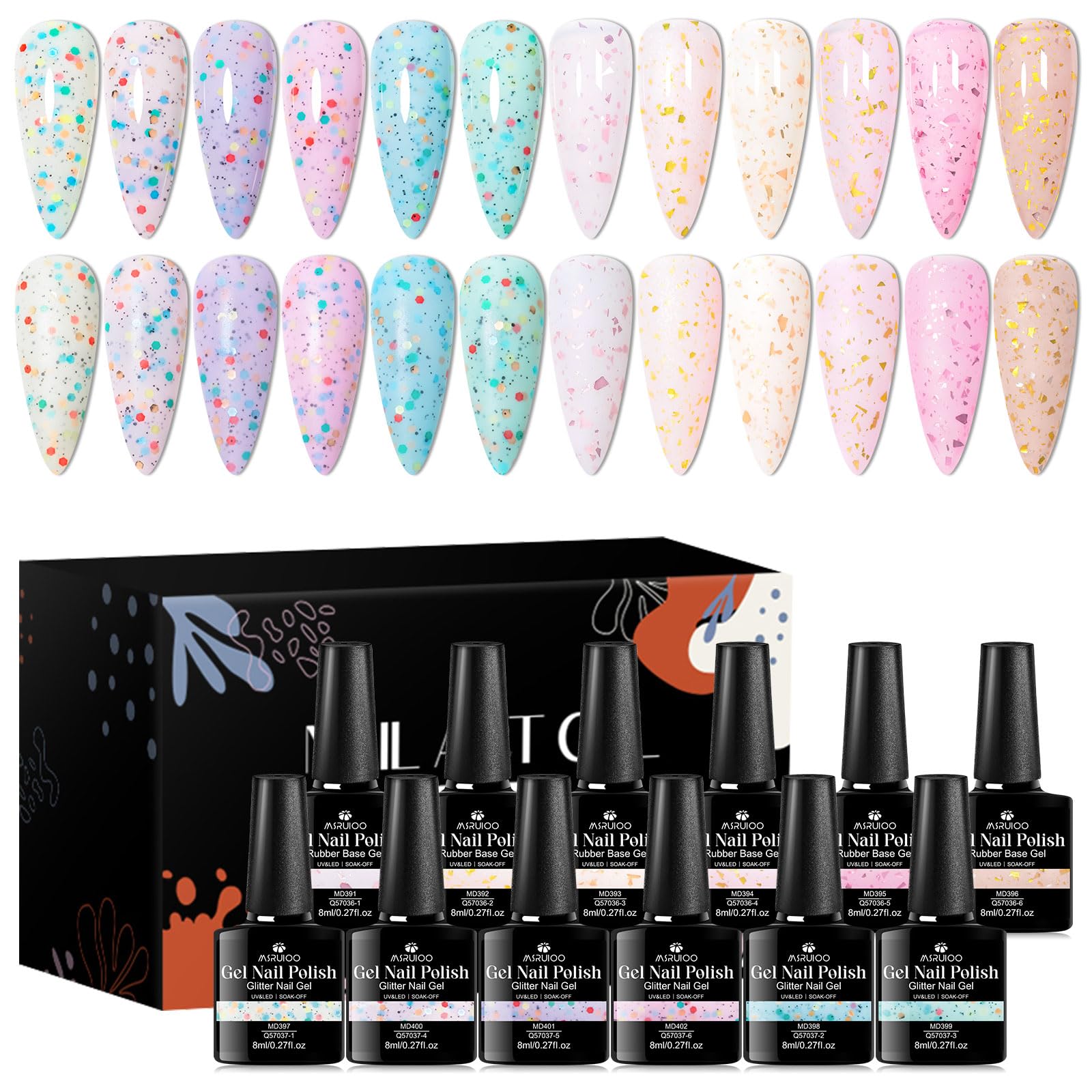 MSRUIOO Yogurt Gel Nail Polish + Rubber Builder Gel – 12 Color Glitter Rubber Base Set