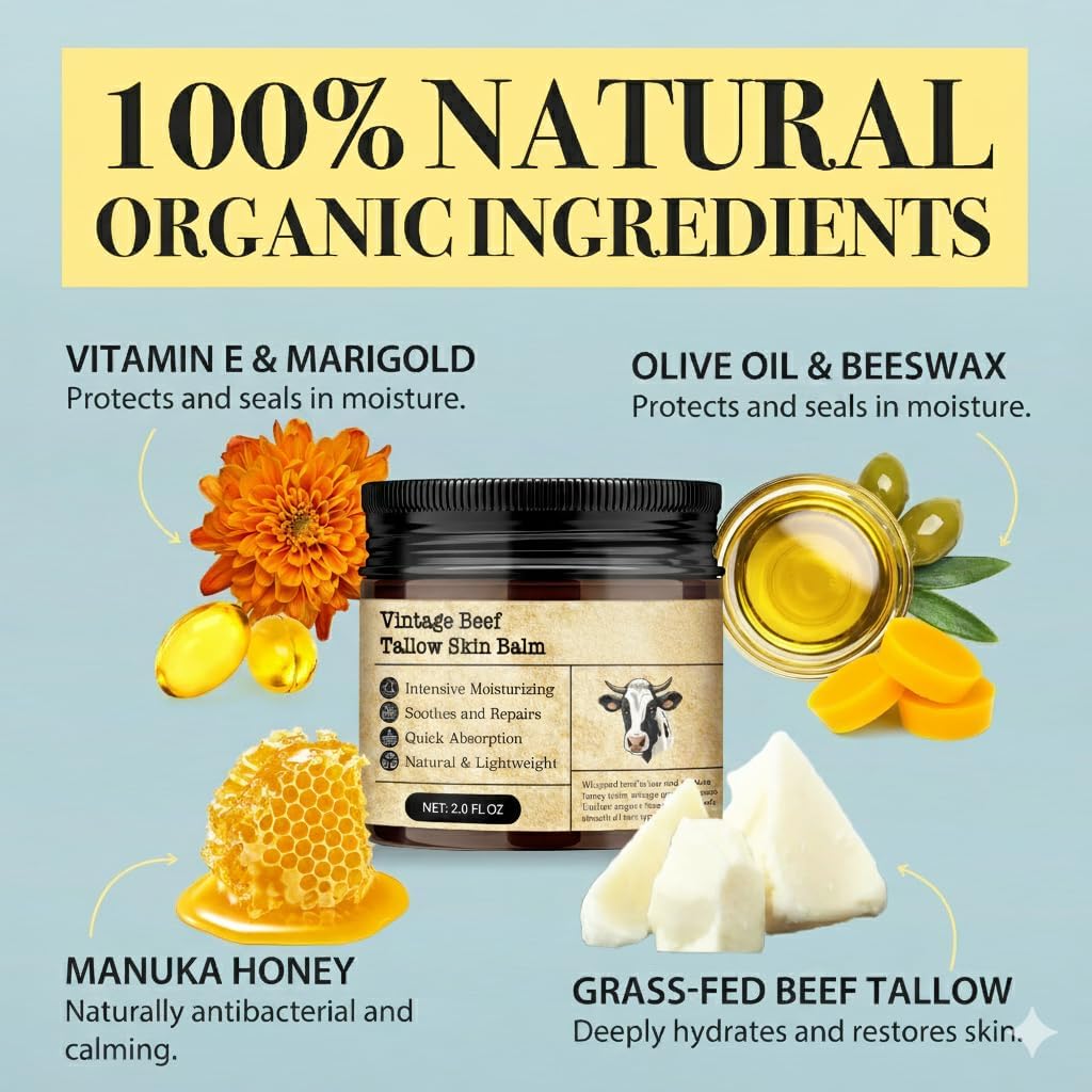 MTGBO Beef Tallow Honey Balm – 100% Organic Grass-Fed Vintage Tallow Moisturizer (2 Pack)