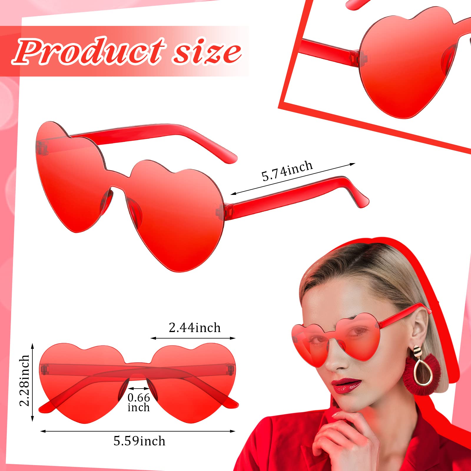 MTLEE 24 Pcs Valentines Heart Head Boppers & Heart-Shaped Sunglasses Set – Galentines Day Party Favors (Red)