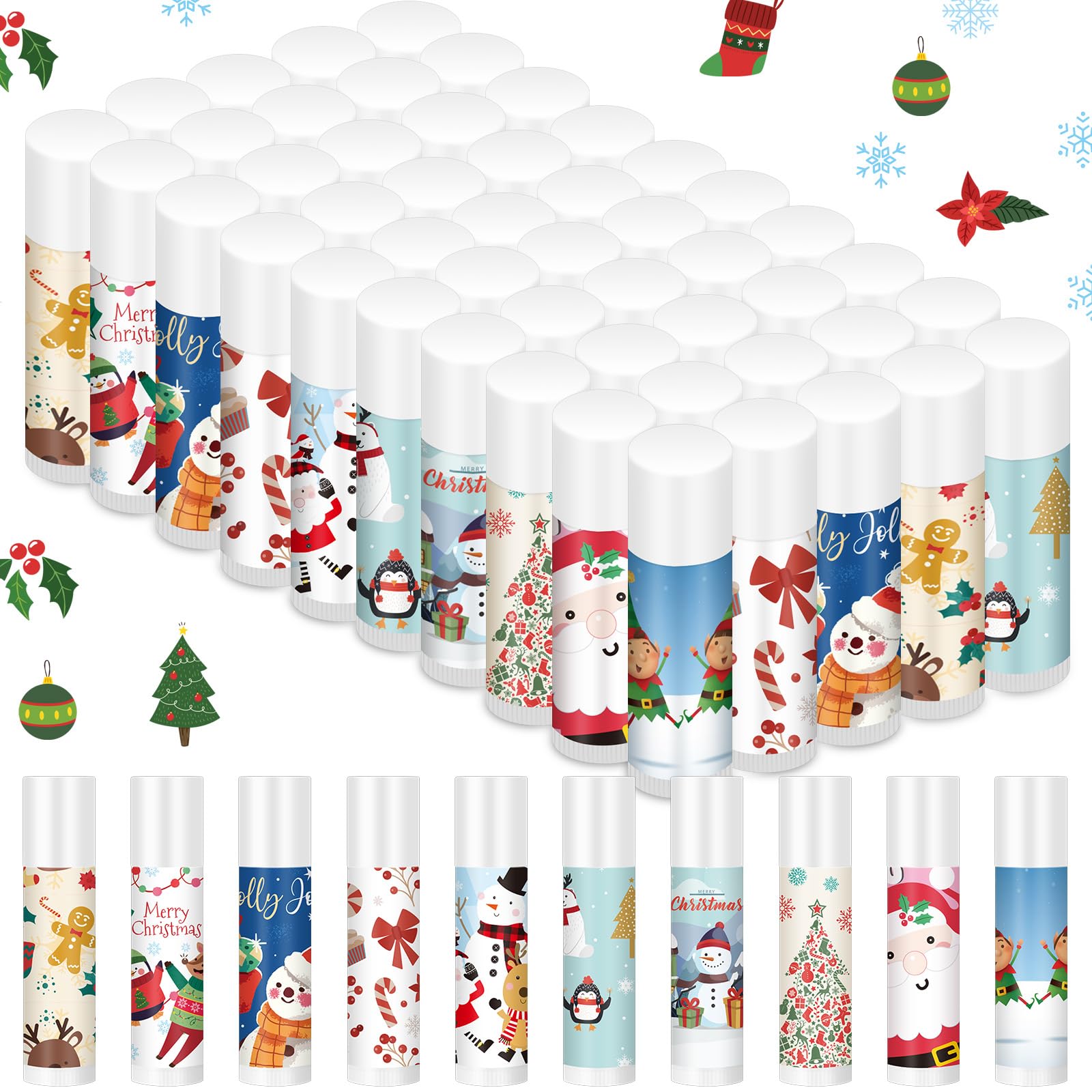 MTLEE Christmas Lip Balm Set – 50 Pcs, 10 Designs, 5 Flavors | Bulk Holiday Gifts