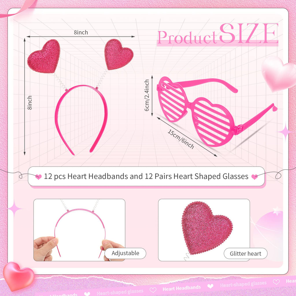 MTLEE 24 Pcs Valentines Heart Headbands & Sunglasses Set – Hollow Rose Red