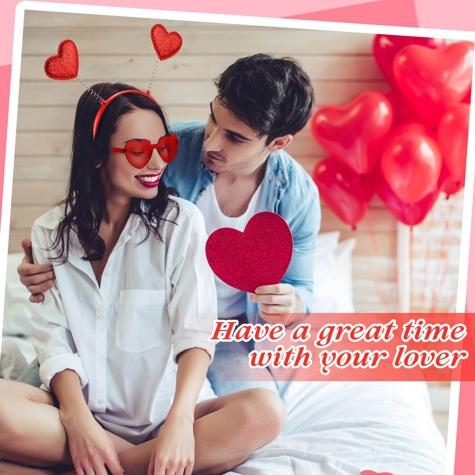 MTLEE 24 Pcs Valentines Heart Head Boppers & Heart-Shaped Sunglasses Set – Galentines Day Party Favors (Red)