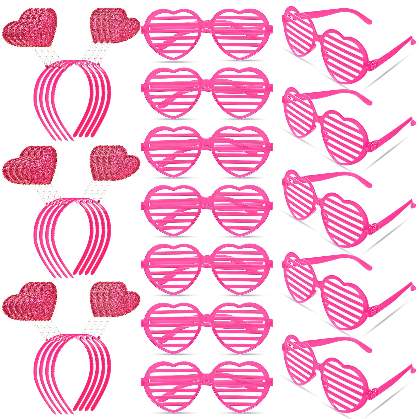 MTLEE 24 Pcs Valentines Heart Headbands & Sunglasses Set – Hollow Rose Red