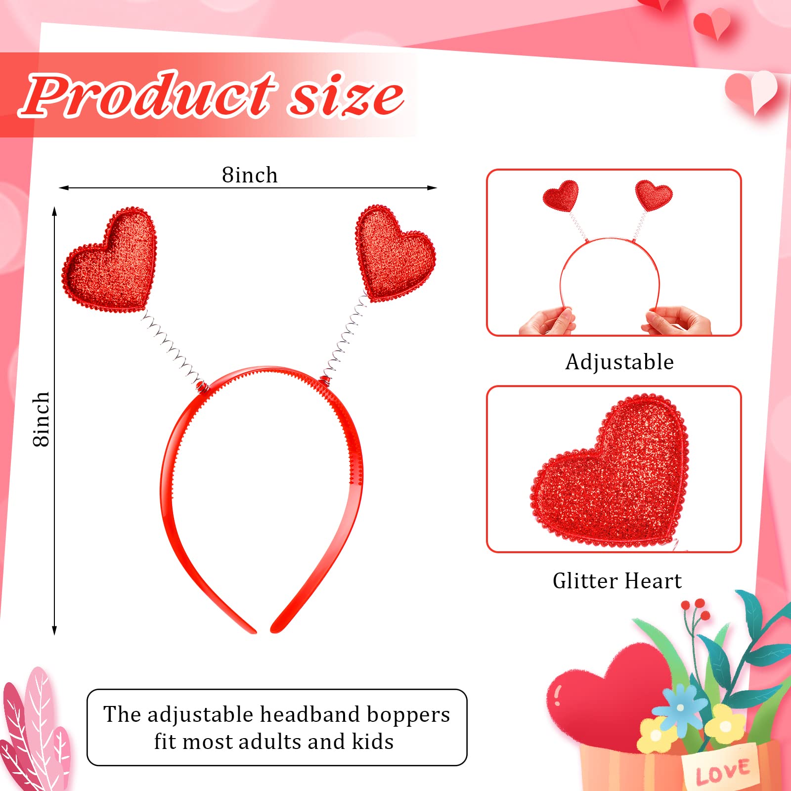 MTLEE 24 Pcs Valentines Heart Head Boppers & Heart-Shaped Sunglasses Set – Galentines Day Party Favors (Red)