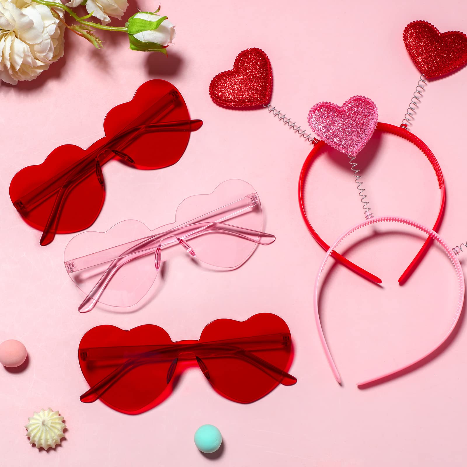 MTLEE 24 Pcs Valentines Heart Head Boppers & Heart-Shaped Sunglasses Set – Galentines Day Party Favors (Red)