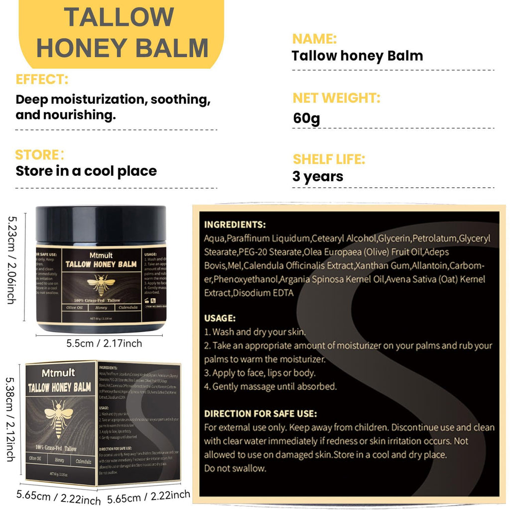 Mtmult Beef Tallow Balm – Hydrating Face & Body with Grass-Fed Tallow, Raw Honey & Beeswax