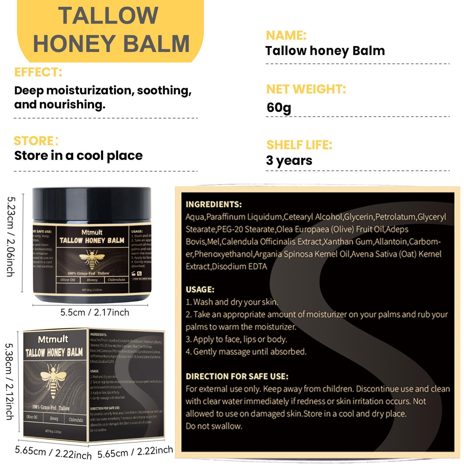 Mtmult Beef Tallow Balm – Hydrating Face & Body with Grass-Fed Tallow, Raw Honey & Beeswax