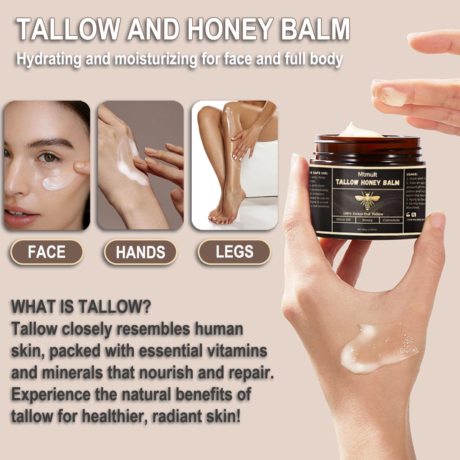Mtmult Beef Tallow Balm – Hydrating Face & Body with Grass-Fed Tallow, Raw Honey & Beeswax