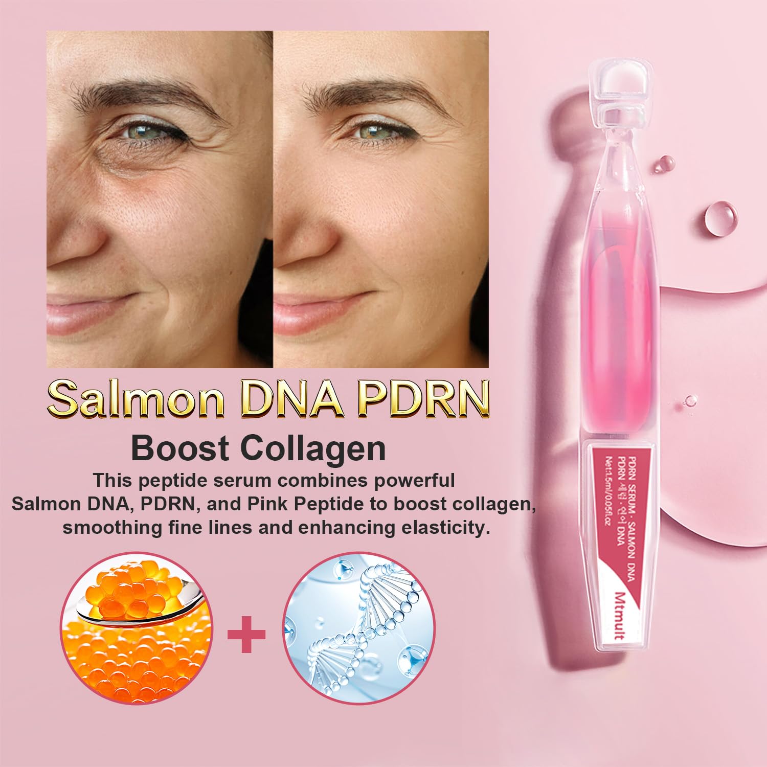 Mtmult Salmon DNA PDRN Serum – 99% Salmon DNA, Collagen & Hyaluronic Acid, 30 Ampoules, Firming & Moisturizing