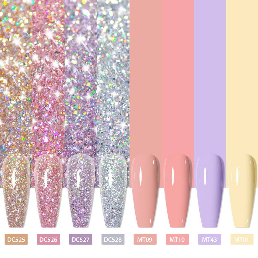 MTSSII Reflective Glitter Gel Nail Polish Set — 8 Colors + Base/Top Coat Kit for Home Manicures