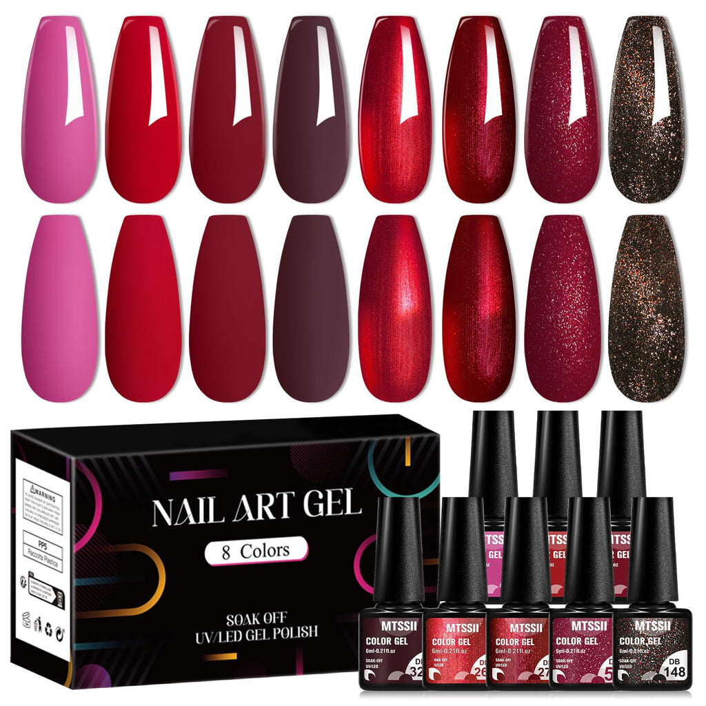 MTSSII Red Gel Nail Polish Set – 8-Color Bloody Mary Collection (Shimmer Red & Burgundy)