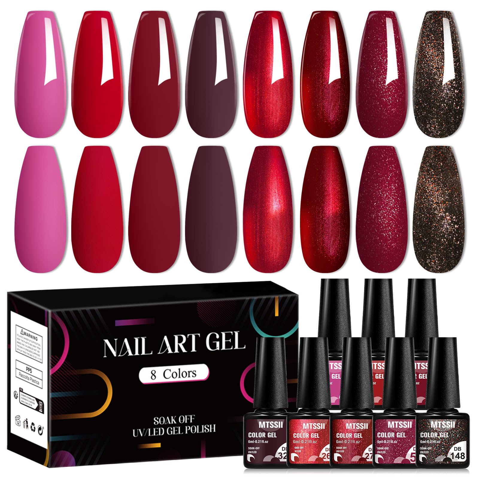 MTSSII Red Gel Nail Polish Set – 8-Color Bloody Mary Collection (Shimmer Red & Burgundy)