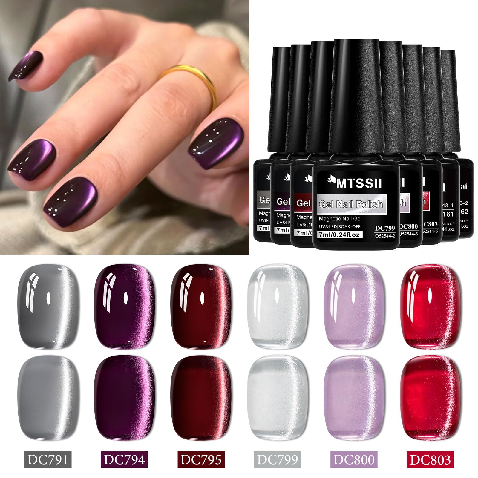 MTSSII Cat Eye Gel Polish Set – 8 Glass Cat Eye Colors with Magnetic Tool, 7ml Each