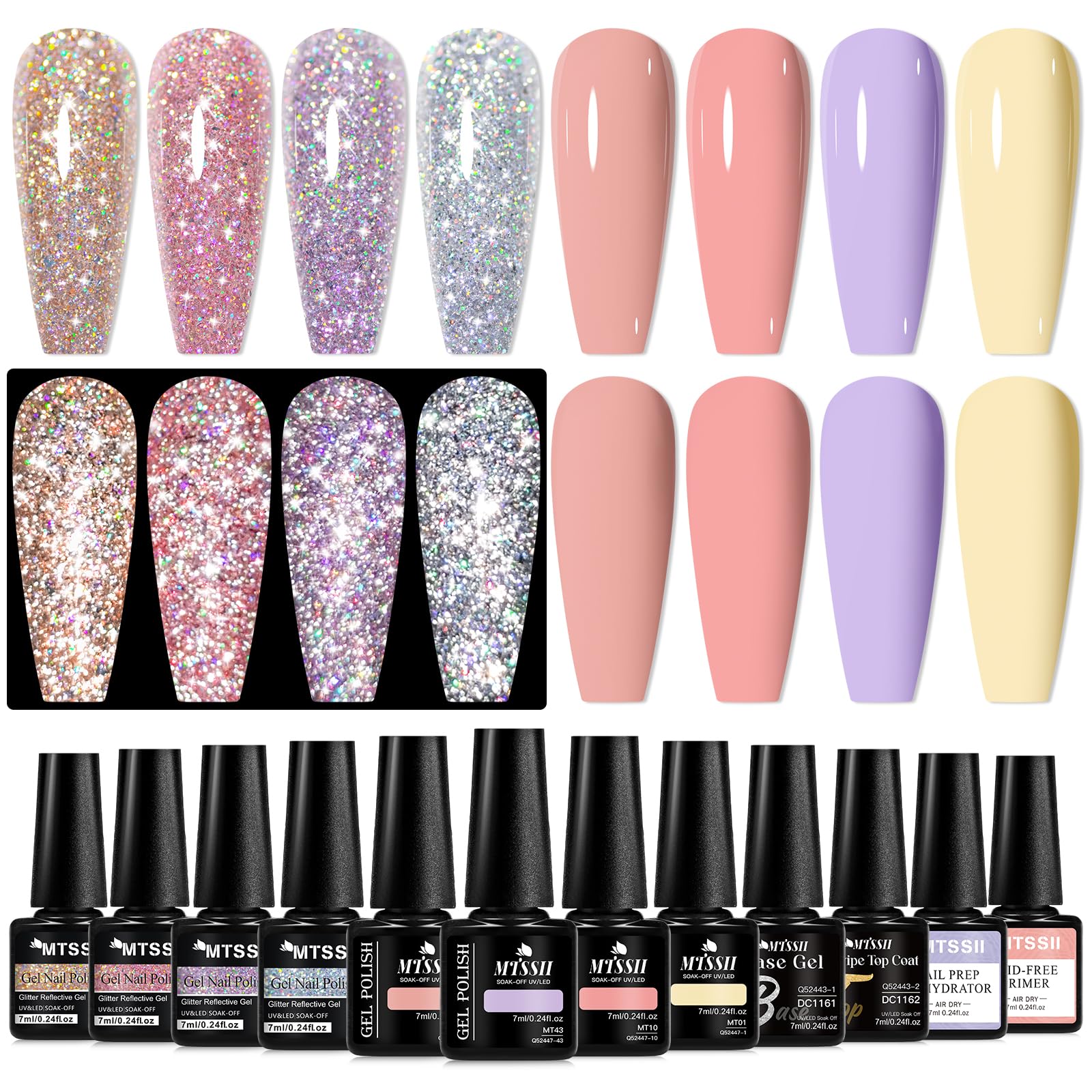 MTSSII Reflective Glitter Gel Nail Polish Set — 8 Colors + Base/Top Coat Kit for Home Manicures