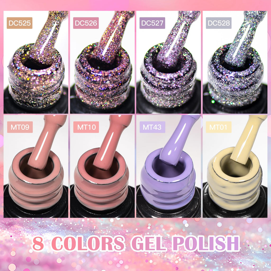 MTSSII Reflective Glitter Gel Nail Polish Set — 8 Colors + Base/Top Coat Kit for Home Manicures