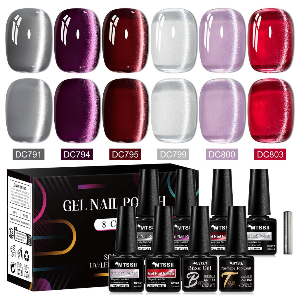 MTSSII Cat Eye Gel Polish Set – 8 Glass Cat Eye Colors with Magnetic Tool, 7ml Each