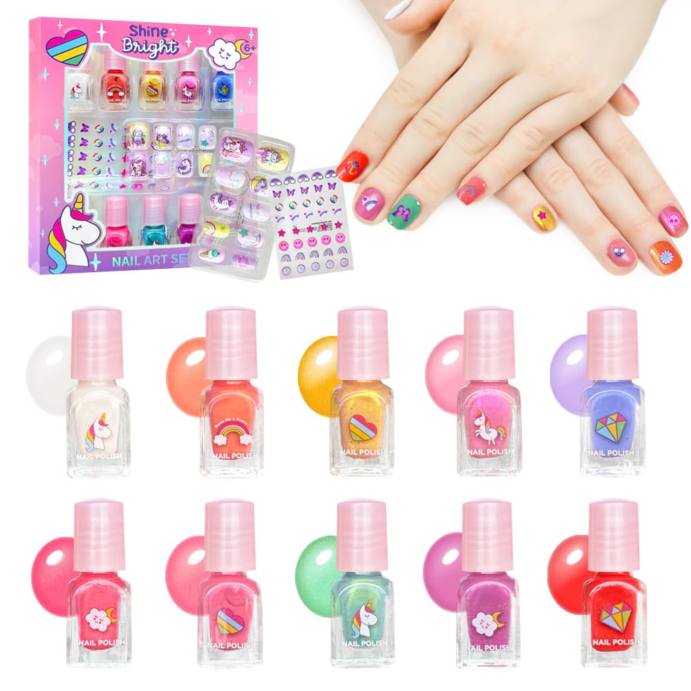 MU Unicorn Fantasy Kids Nail Polish Kit | 10 Water-Based Colors, Press-On Nails & Quick Dry Peel-Off