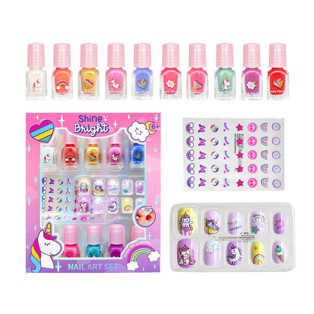 MU Unicorn Fantasy Kids Nail Polish Kit | 10 Water-Based Colors, Press-On Nails & Quick Dry Peel-Off