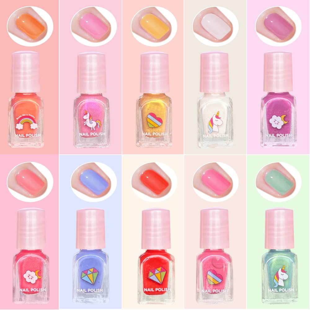 MU Unicorn Fantasy Kids Nail Polish Kit | 10 Water-Based Colors, Press-On Nails & Quick Dry Peel-Off