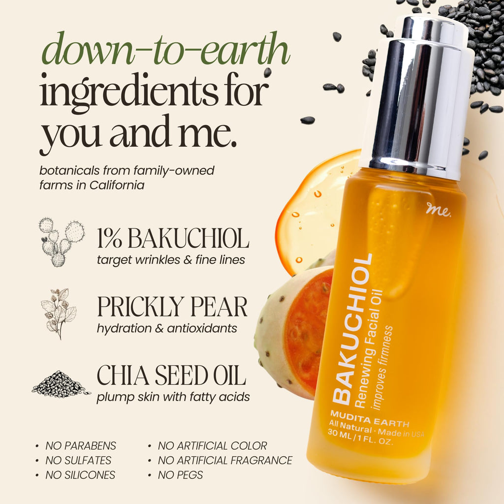 Mudita Earth Bakuchiol Face Oil – Plant-Based Retinol Alternative for Oily Skin | 1 fl oz