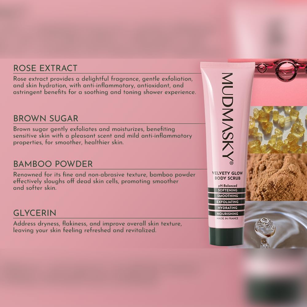Mudmasky Velvety Glow Body Scrub 6.0 oz XXL – Exfoliating Bamboo Scrub, Made in France, No Harsh Chemicals