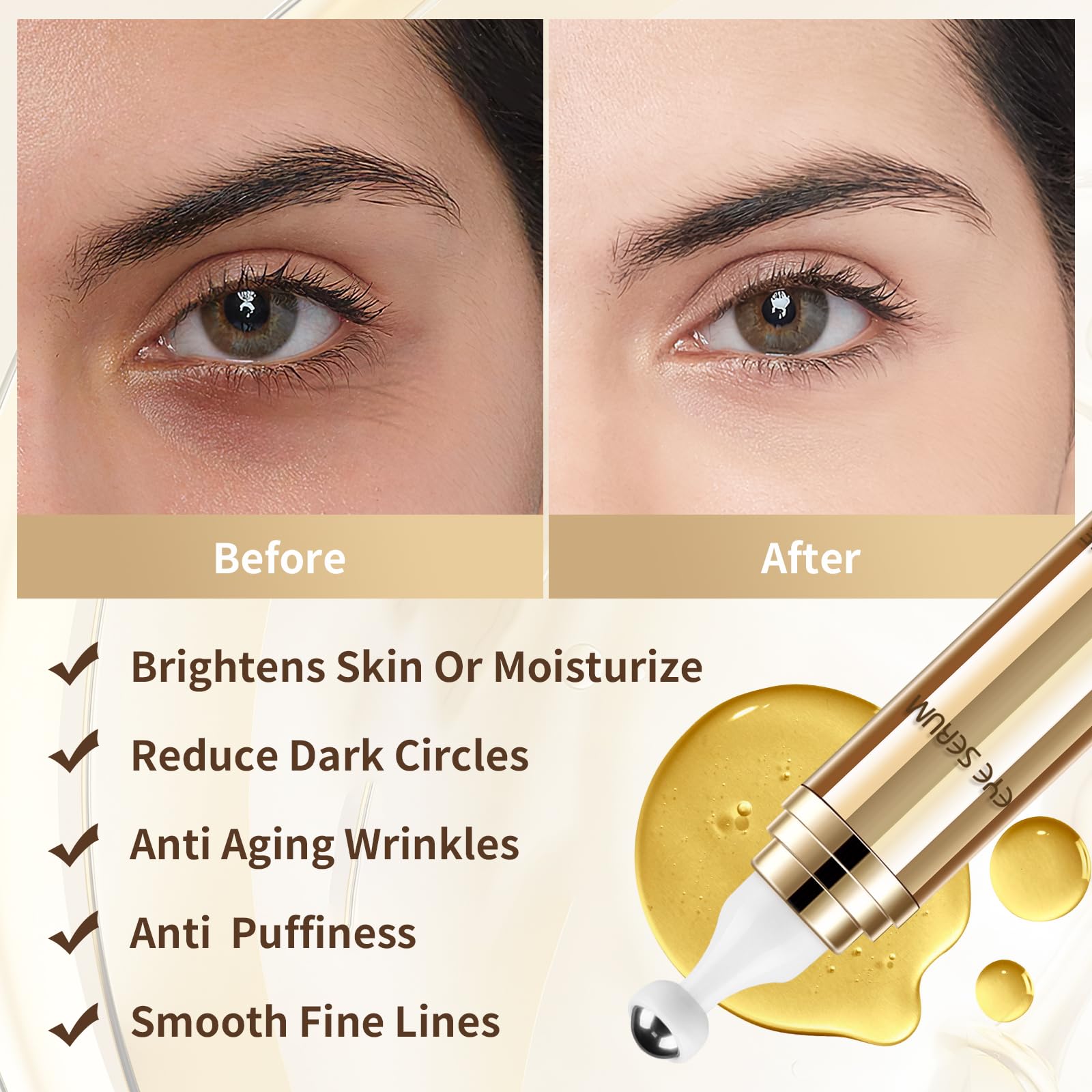 MUOCOBU Caffeine Eye Serum | 20ML Hyaluronic Acid Under-Eye Cream for Dark Circles, Puffiness & Fine Lines | 360° Roller Ball