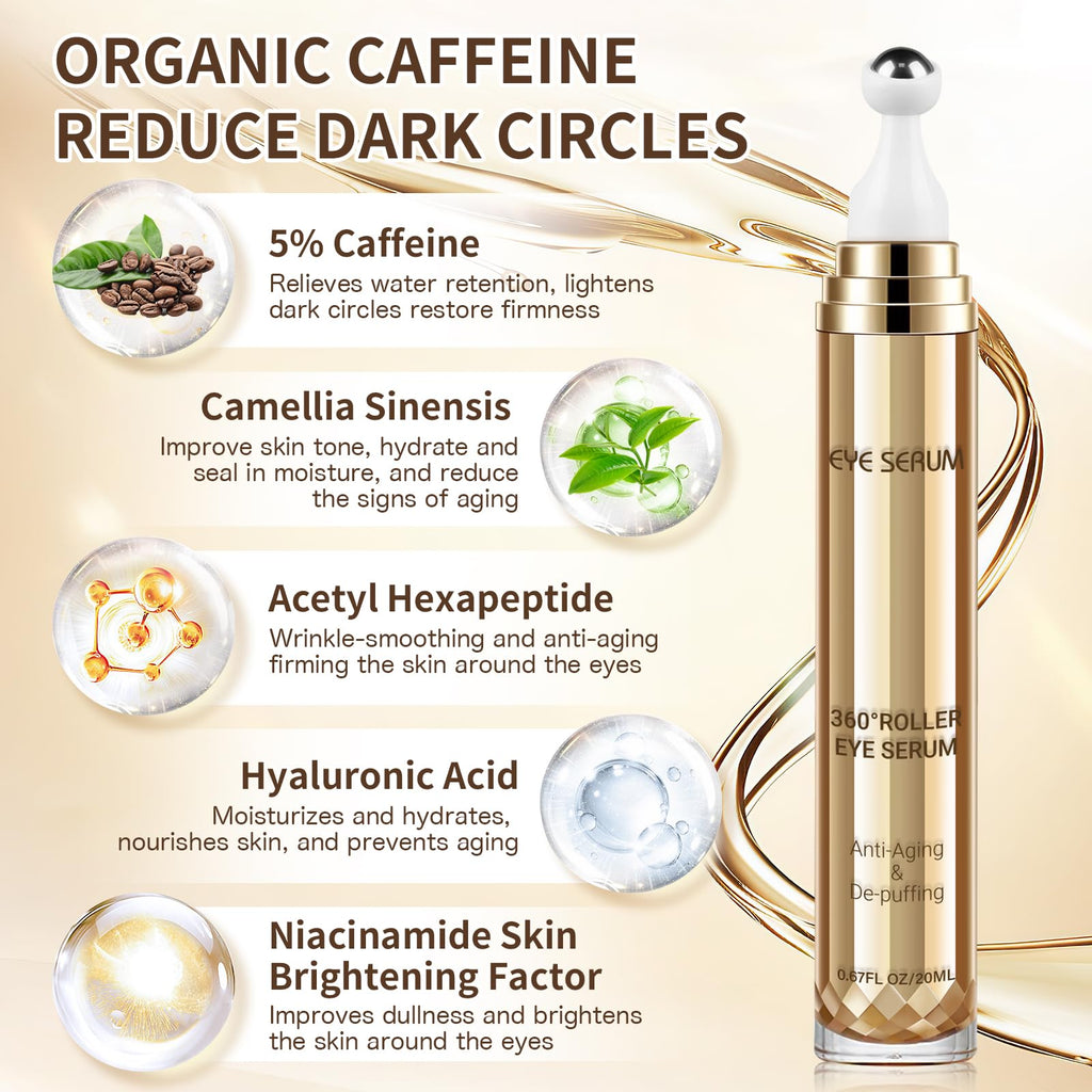 MUOCOBU Caffeine Eye Serum | 20ML Hyaluronic Acid Under-Eye Cream for Dark Circles, Puffiness & Fine Lines | 360° Roller Ball