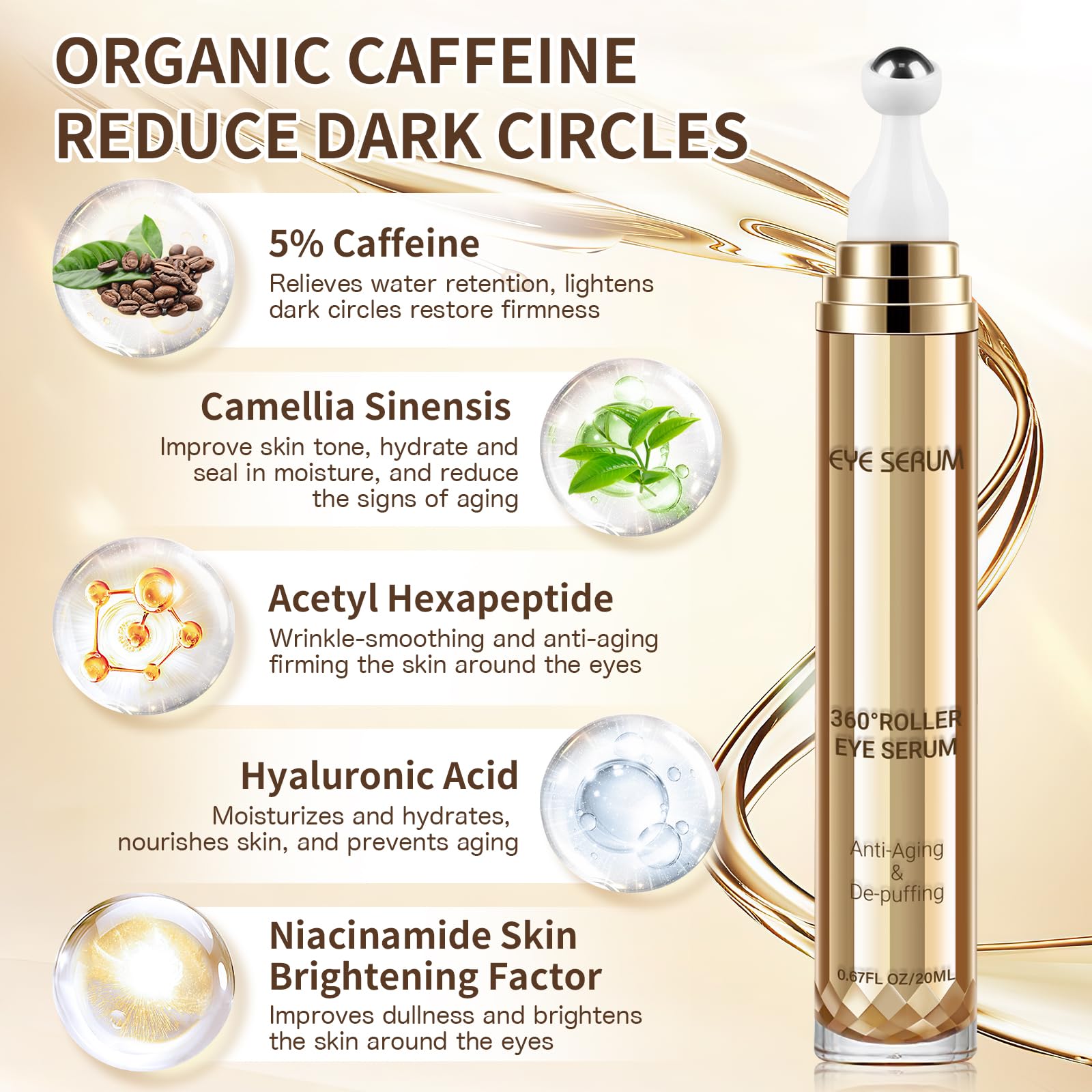 MUOCOBU Caffeine Eye Serum | 20ML Hyaluronic Acid Under-Eye Cream for Dark Circles, Puffiness & Fine Lines | 360° Roller Ball