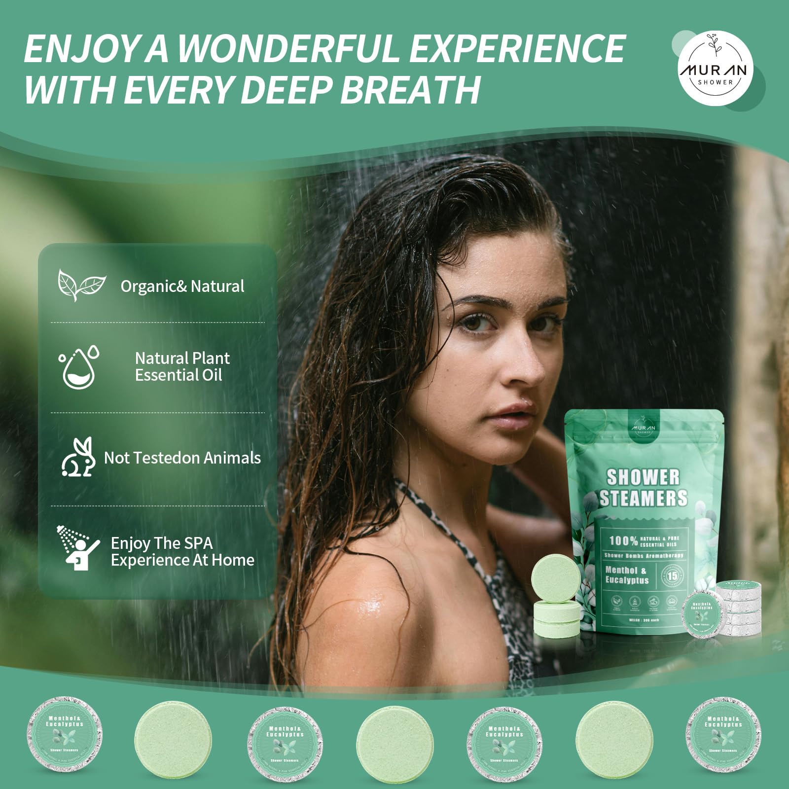 MURAN SHOWER Shower Steamers Aromatherapy 15-Pack – Menthol & Eucalyptus