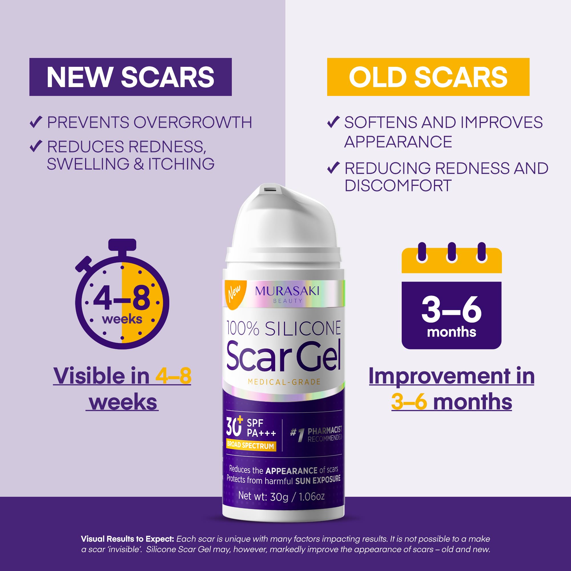 MURASAKI BEAUTY Silicone Scar Gel SPF 30 – Advanced Medical-Grade Scar Cream 1.06oz