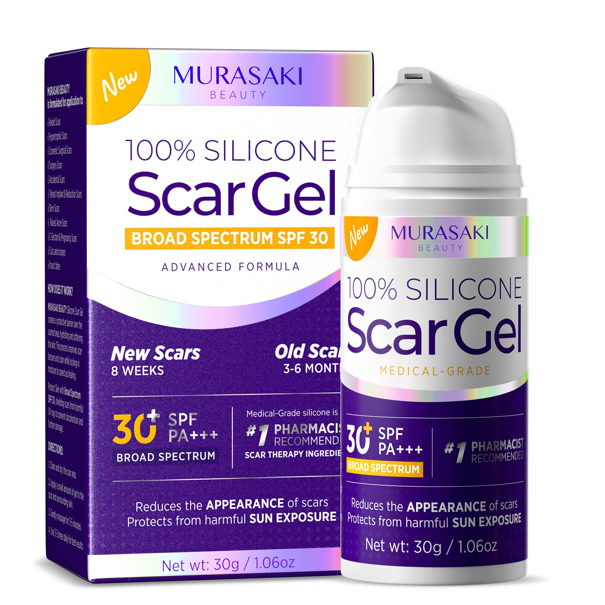 MURASAKI BEAUTY Silicone Scar Gel SPF 30 – Advanced Medical-Grade Scar Cream 1.06oz