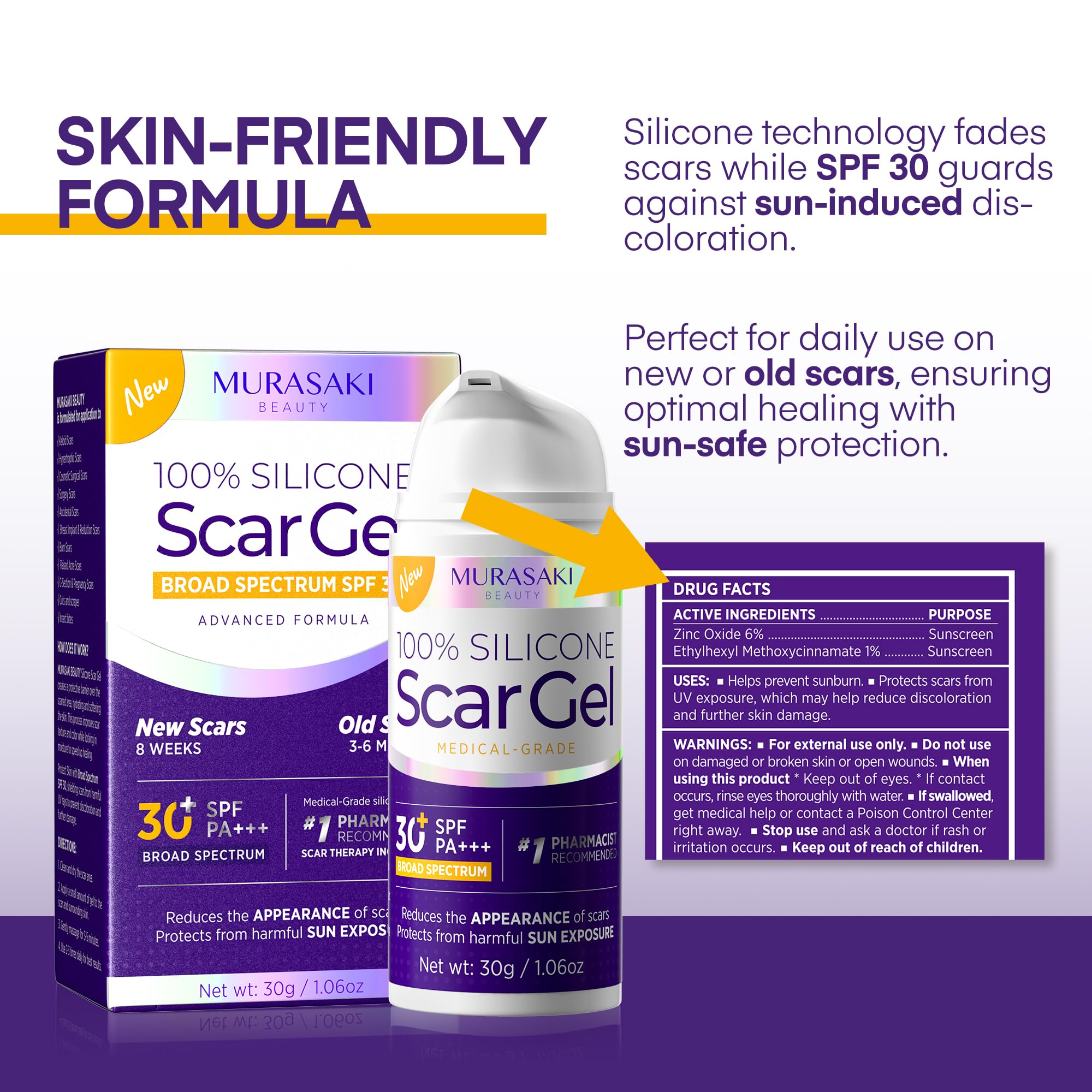MURASAKI BEAUTY Silicone Scar Gel SPF 30 – Advanced Medical-Grade Scar Cream 1.06oz
