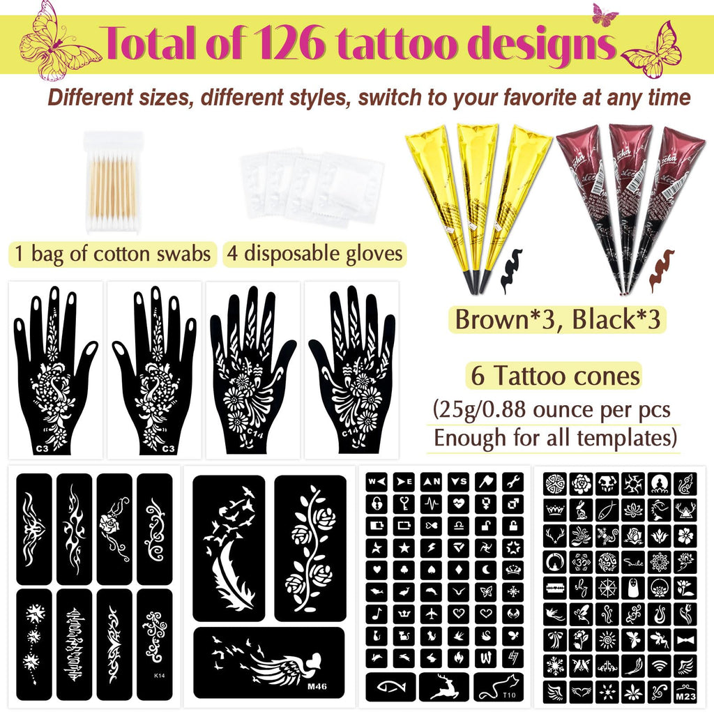 MuseLuxe 126‑Piece Temporary Tattoos Kit | 2-Color Ink, Gloves & DIY Body Art