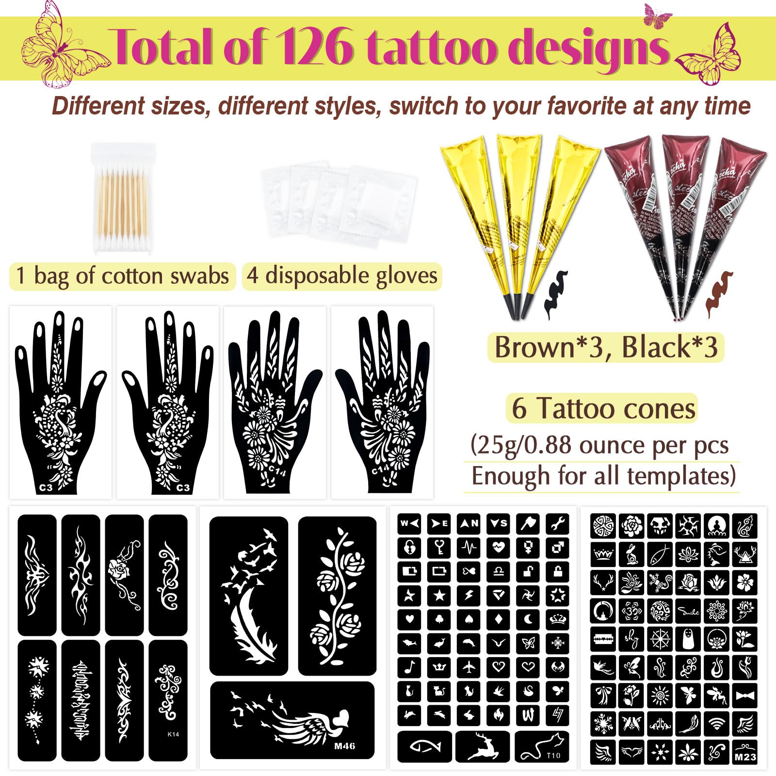MuseLuxe 126‑Piece Temporary Tattoos Kit | 2-Color Ink, Gloves & DIY Body Art