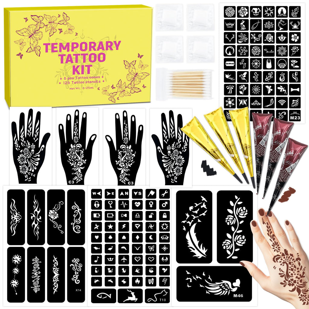 MuseLuxe 126‑Piece Temporary Tattoos Kit | 2-Color Ink, Gloves & DIY Body Art