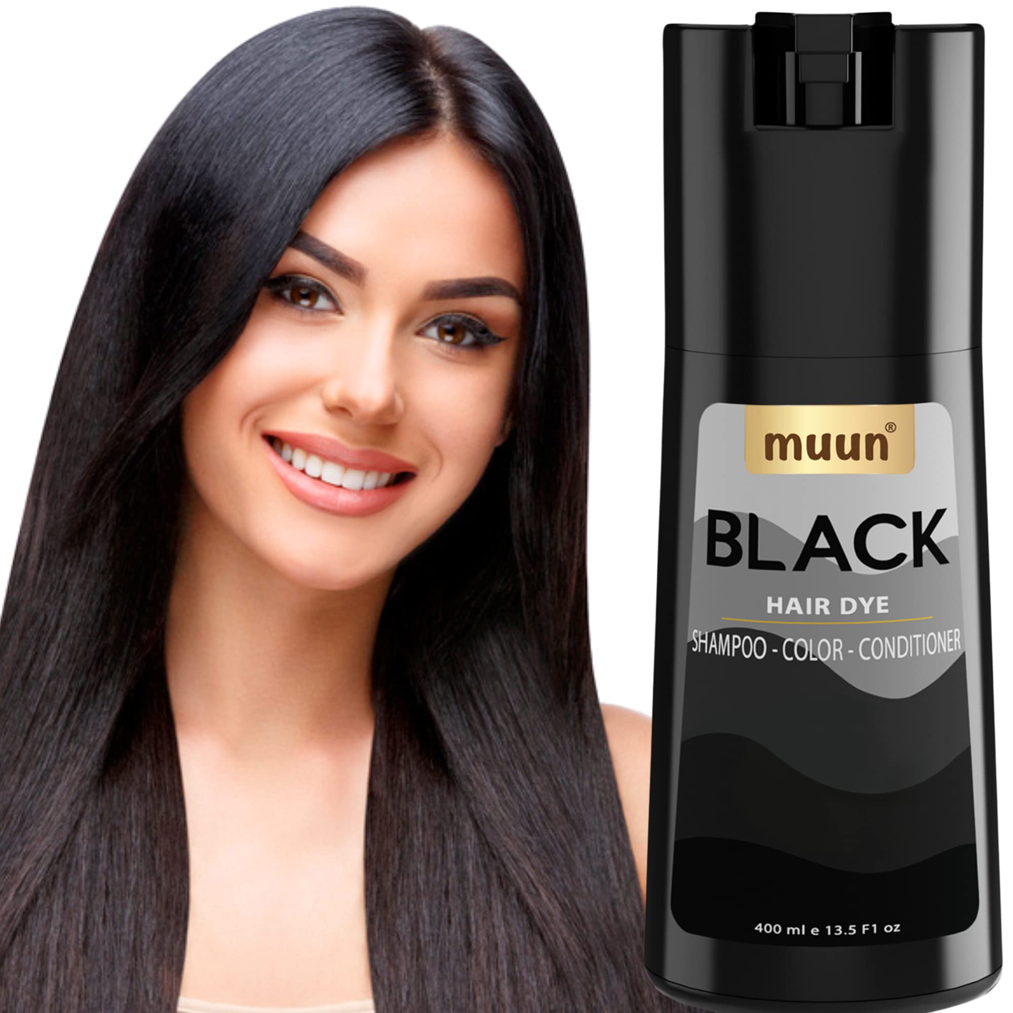 Muun Black Hair Dye Shampoo – 3-in-1 Ammonia-Free Color, Gray Coverage, 400ml