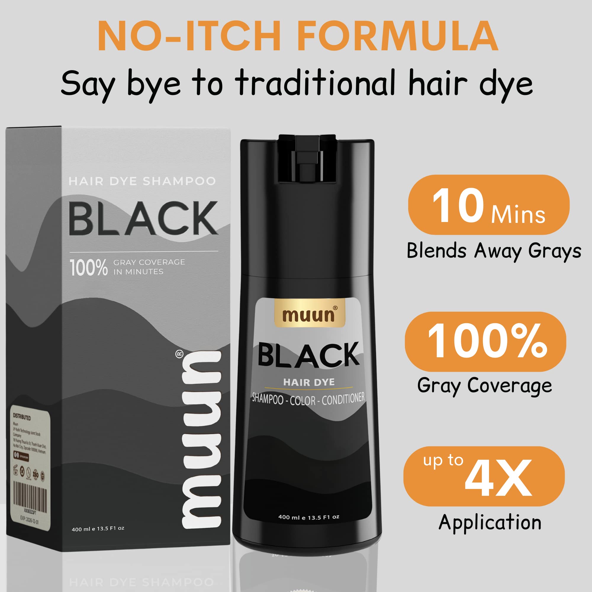 Muun Black Hair Dye Shampoo – 3-in-1 Ammonia-Free Color, Gray Coverage, 400ml