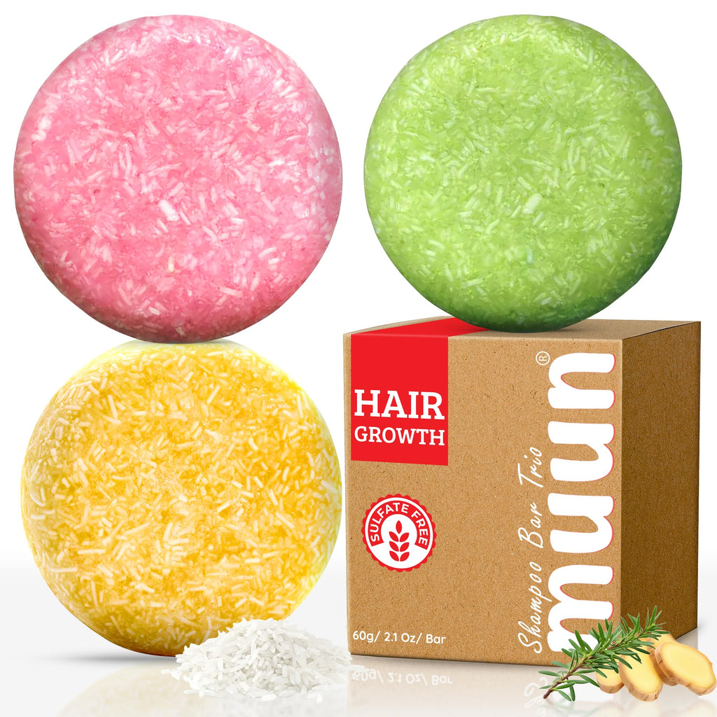 Muun Ginger Rosemary & Rice Water Shampoo Bar Pack 3 – Hair Growth, Thickening & pH Balanced