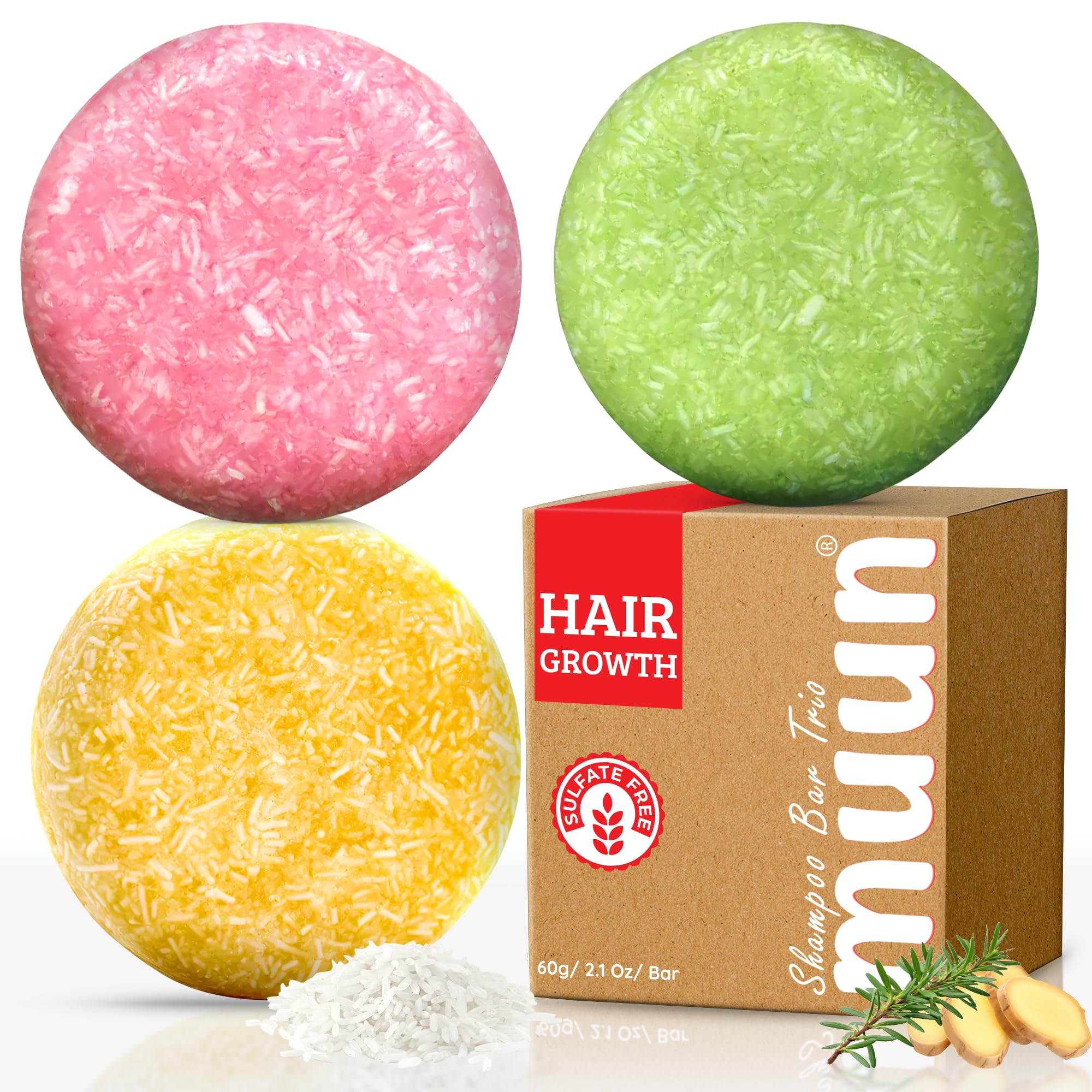 Muun Ginger Rosemary & Rice Water Shampoo Bar Pack 3 – Hair Growth, Thickening & pH Balanced