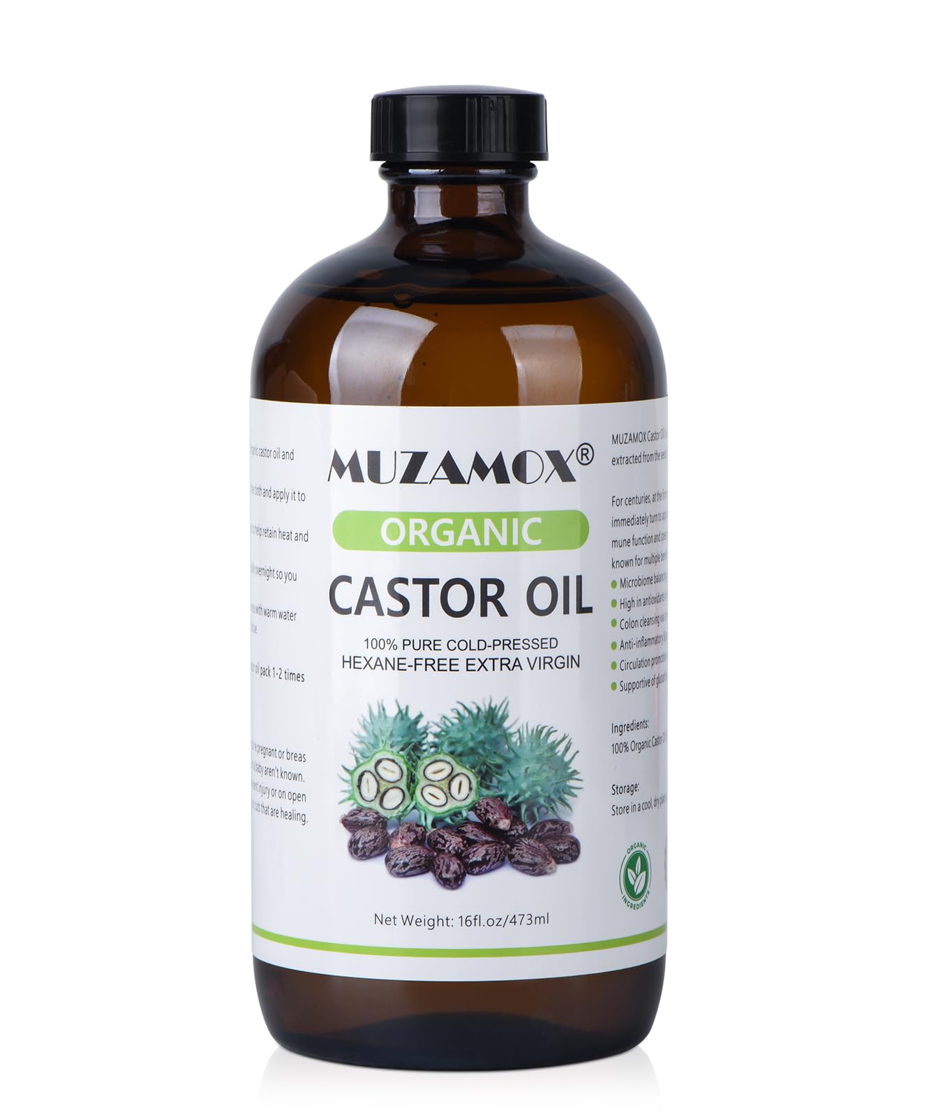 MUZAMOX Organic Castor Oil – Cold Pressed, Hexane-Free, 16 Fl Oz in Amber Glass Bottle