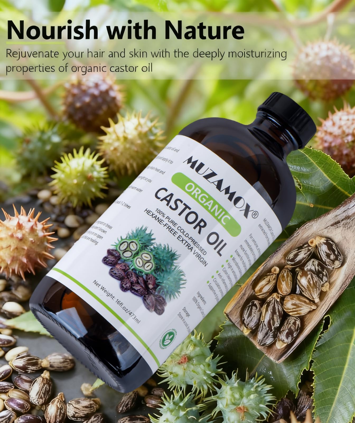 MUZAMOX Organic Castor Oil – Cold Pressed, Hexane-Free, 16 Fl Oz in Amber Glass Bottle