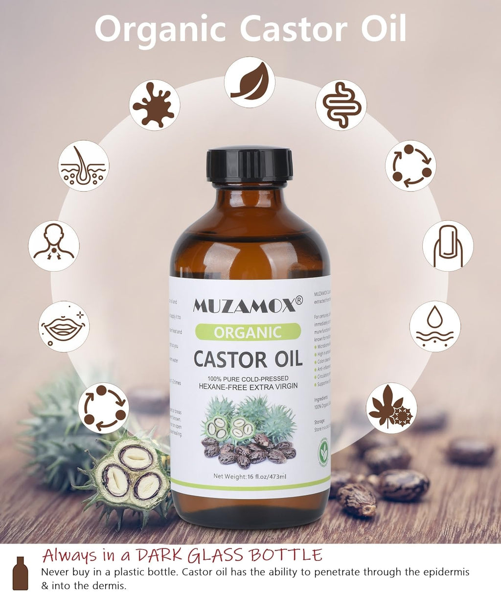 MUZAMOX Organic Castor Oil – Cold Pressed, Hexane-Free, 16 Fl Oz in Amber Glass Bottle