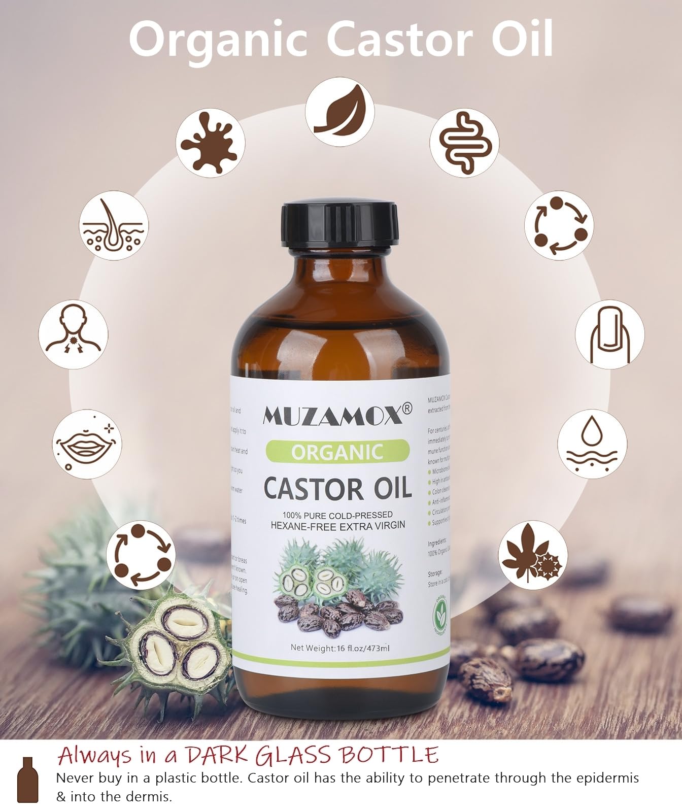 MUZAMOX Organic Castor Oil – Cold Pressed, Hexane-Free, 16 Fl Oz in Amber Glass Bottle