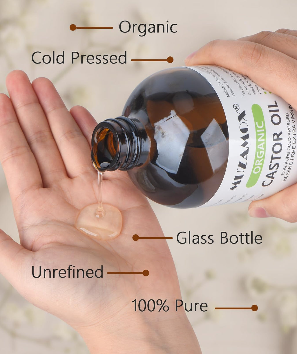 MUZAMOX Organic Castor Oil – Cold Pressed, Hexane-Free, 16 Fl Oz in Amber Glass Bottle