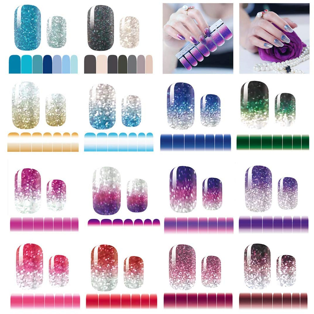 mwellewm 14 Sheets Glitter Gradient Nail Stickers | Self-Adhesive Full Wraps