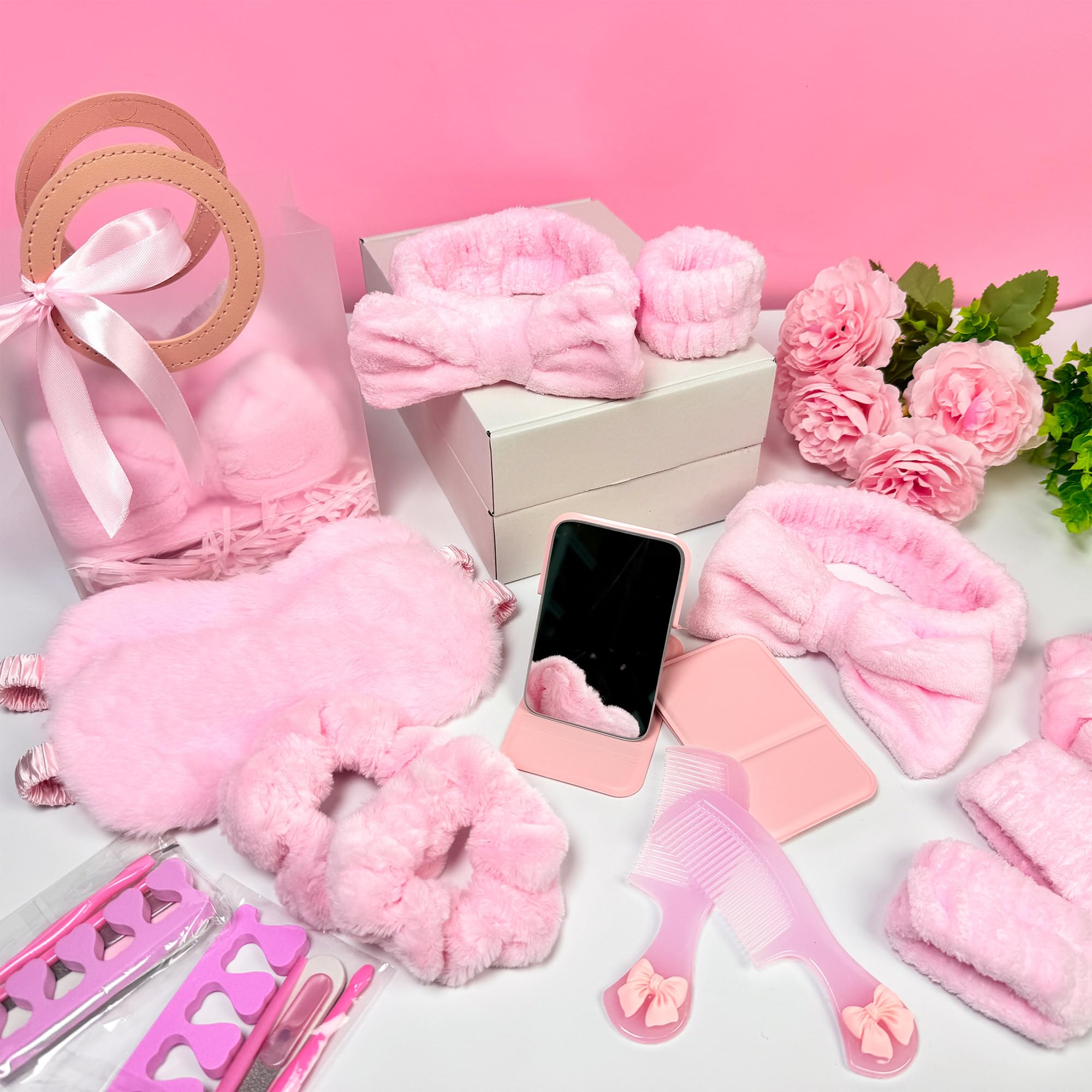 MXQHXZSX 92-Piece Pink Spa Sleepover Set for Girls – Skincare Headbands, Masks, Mirrors & More